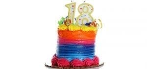 Birthday cake with candles shaped like the number 18.