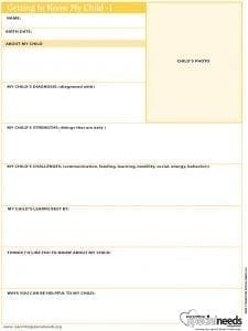 Getting to Know My Child" form with sections for child's photo, diagnosis, strengths, challenges, and interests.