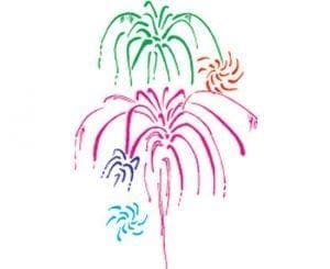 Fireworks explode in green, pink, and blue bursts against a white background.