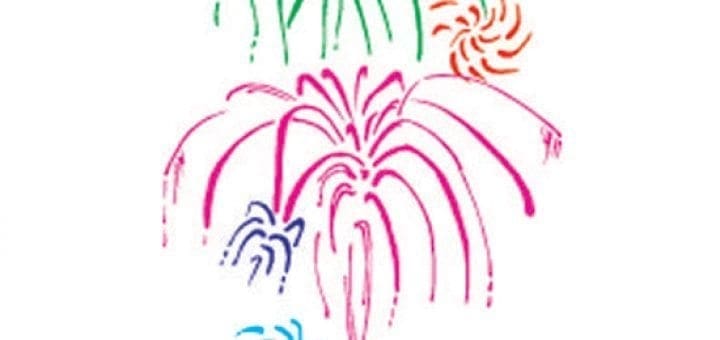 Fireworks explode in green, pink, and blue bursts against a white background.
