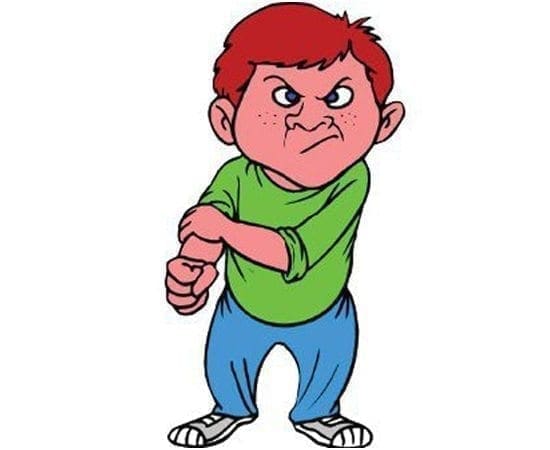 A cartoon child with a scowling face and clenched fists.