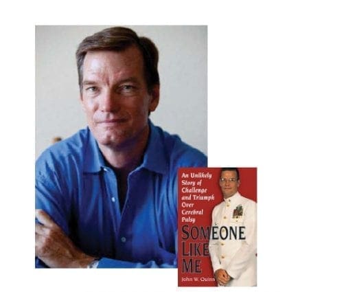 John Quinn in a blue shirt next to a book cover with his image on it.