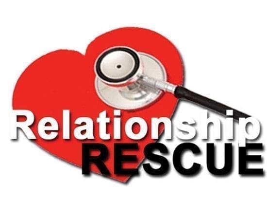 Stethoscope overlaid on a red heart with the words "Relationship RESCUE