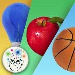 Blue lightbulb, red apple, and basketball in a collage.