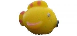 Yellow rubber fish toy with pink stripes on fins.