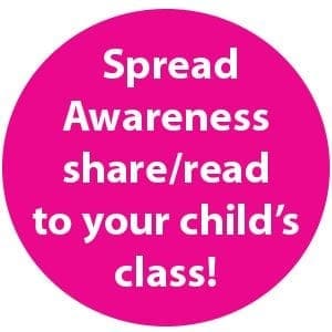 Pink circle with white text "Spread Awareness share/read to your child's class!