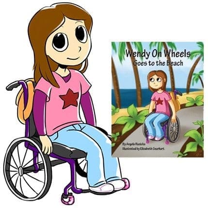 Illustration of a girl in a wheelchair next to the cover of the book "Wendy On Wheels Goes to the Beach.