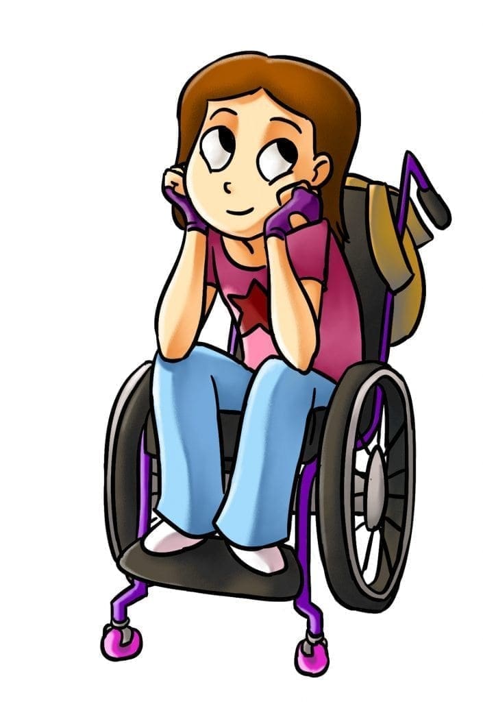 A person with brown hair sits in a wheelchair with a backpack.