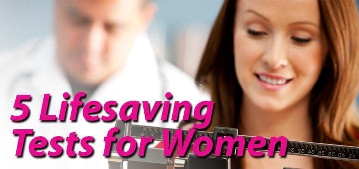 Woman smiling while a doctor looks on, with text "5 Lifesaving Tests for Women