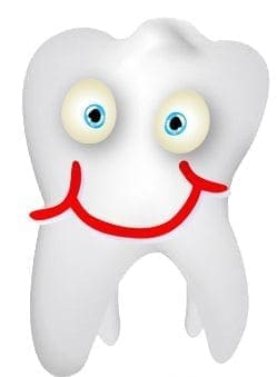 Smiling cartoon tooth with wide eyes.