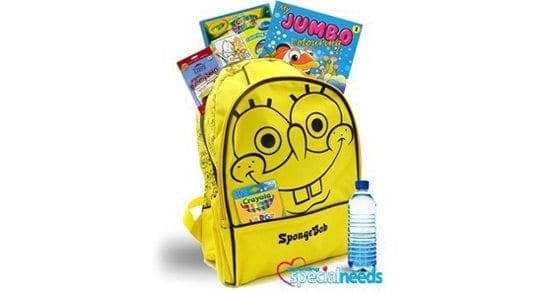 Yellow Spongebob backpack filled with books and a water bottle
