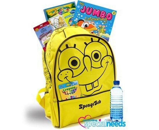 SpongeBob SquarePants backpack filled with books and a bottle of water.
