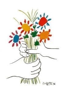 Pablo Picasso's drawing of hands holding a bouquet of colorful flowers.