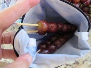 Two skewers of frozen grapes are placed inside a small bag.