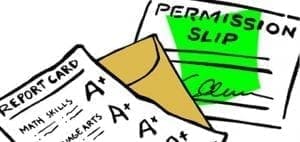 Report card with A* grades and a permission slip.