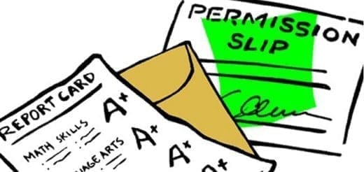 Report card with A* grades and a permission slip.