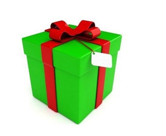 Green gift box with red ribbon and tag on a white background.