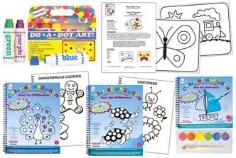 Art supplies and activity books for children, including dot markers, coloring pages, and "spot the difference" books.