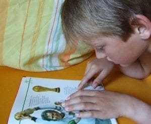Boy reading a book about sports.