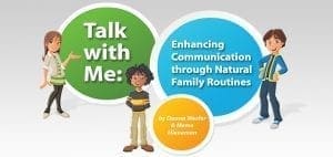 Three cartoon children stand near speech bubbles with text about communication.