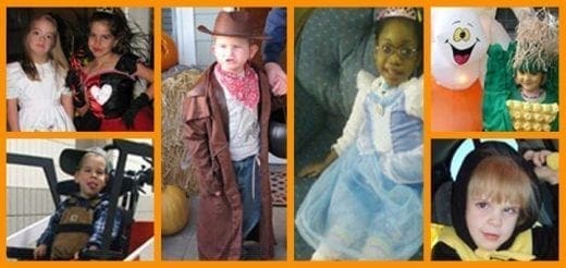 Collage of children in Halloween costumes, including a cowboy, a princess, and a bee.