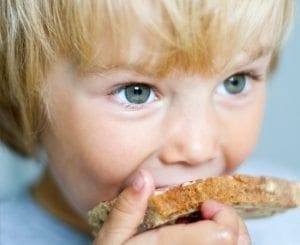 Close-up of a young child eating a sandwich.