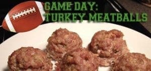 Game day turkey meatballs with a football graphic.