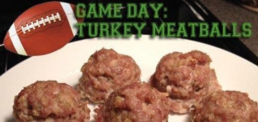 Game day turkey meatballs with a football graphic.
