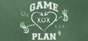 Chalkboard with "GAME PLAN" text and symbols like a heart, xox, dollar signs, and hash.