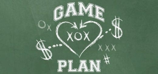 Chalkboard with "GAME PLAN" text and symbols like a heart, xox, dollar signs, and hash.