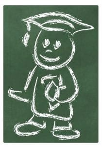 Chalk drawing of a cartoon figure in a graduation cap.