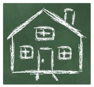 Chalk drawing of a house on a green chalkboard