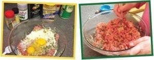 Meat mixture with eggs and cheese in a bowl, and hands mixing meatball ingredients.
