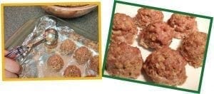 Turkey meatballs being scooped onto a baking sheet and raw turkey meatballs on a plate.