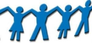 Blue paper chain figures holding hands