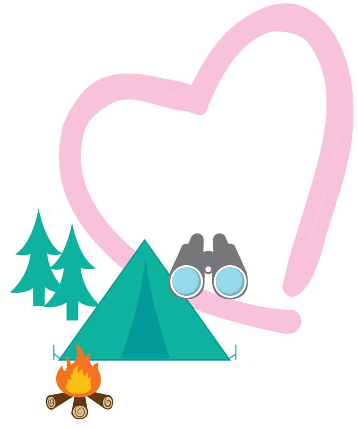 Camping icons with a pink heart outline