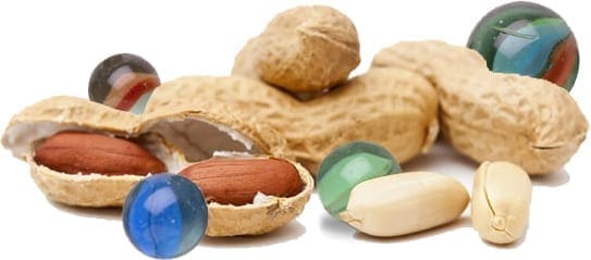 Peanuts in shells and shelled peanuts with marbles.