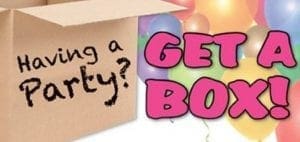 Cardboard box with "Having a Party? GET A BOX!" written on it and balloons in the background.