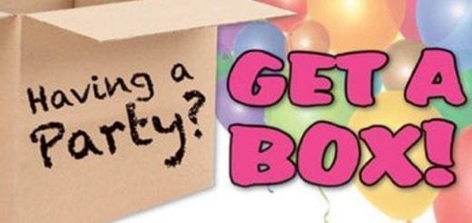 Cardboard box with "Having a Party? GET A BOX!" written on it and balloons in the background.