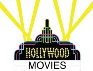 Hollywood Movies sign with spotlights