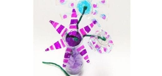 Shrinking cup flower sculptures decorated with purple and pink stripes.