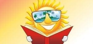 Smiling sun wearing sunglasses with a beach reflection reads a book.