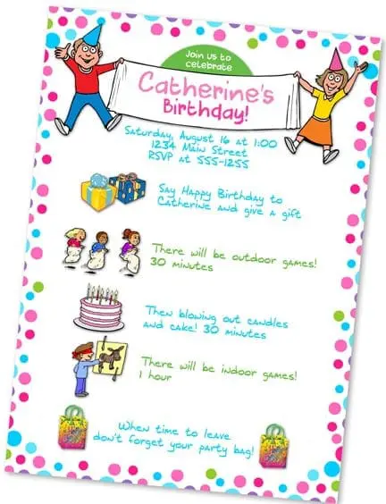 Birthday party invitation for Catherine detailing date, time, location, activities, and schedule.