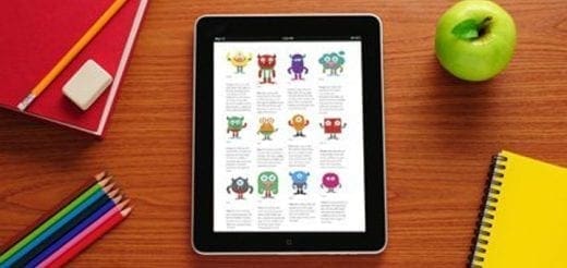 Tablet displaying a grid of colorful cartoon monsters with text descriptions.