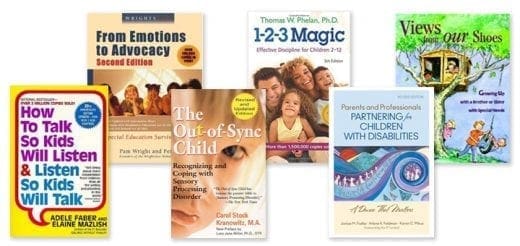 Six book covers with titles related to parenting and special education.