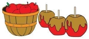 Basket of apples next to three caramel apples on sticks.