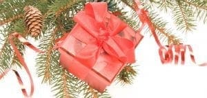 Red gift box with a bow on a pine branch with a pine cone