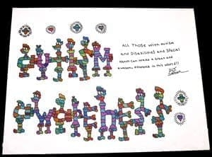 Colorful Imagiville-style artwork by DJ featuring the words Autism Awareness and an inspiring message about unique gifts.