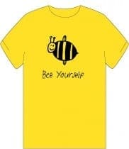 Bright yellow t-shirt featuring a hand-drawn cartoon bee and the text Bee Yourself.
