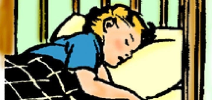 Young Kevin sleeping peacefully in his crib under a checkered blanket.